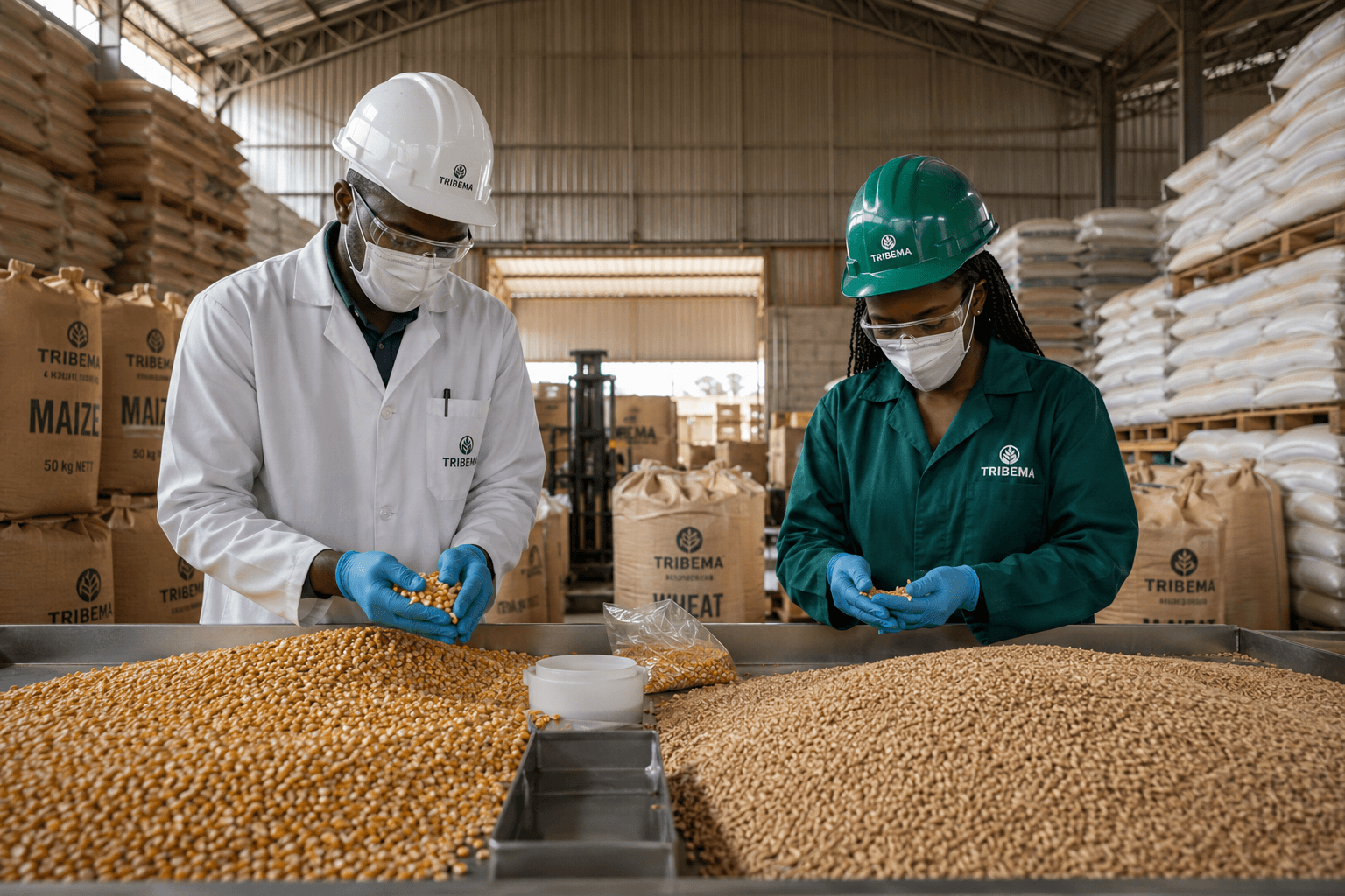 Tribema team inspecting grains